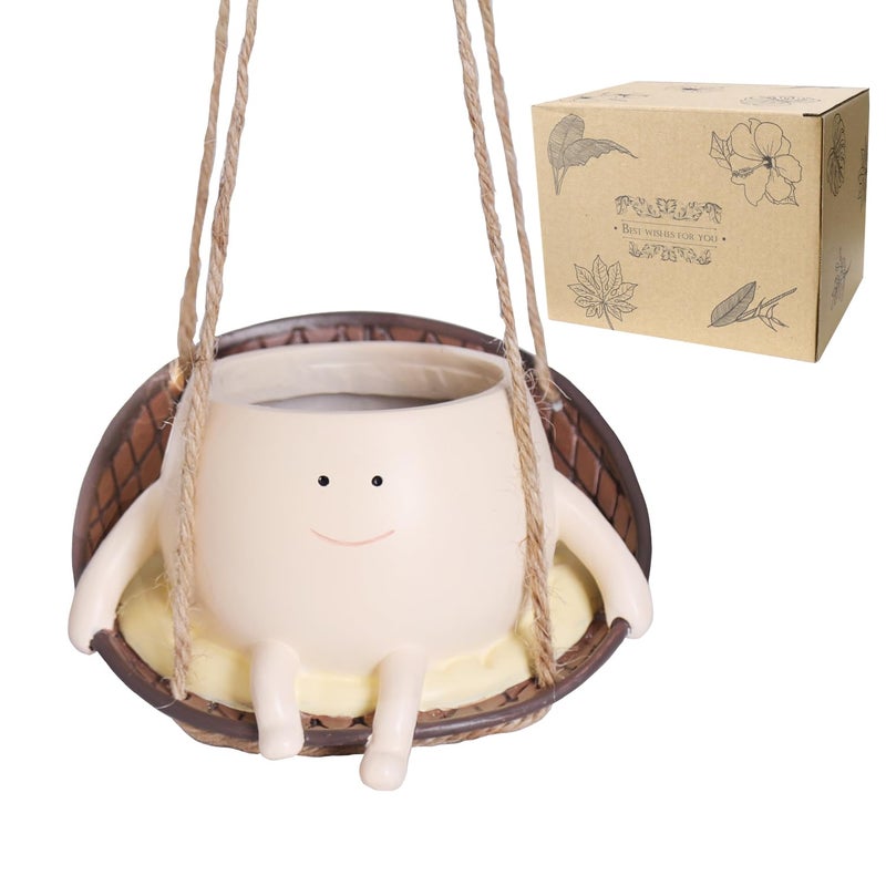 UMESONG Hanging Swing Chair Planter Pot Resin Smiley Face Planter for Indoor Outdoor Plant Cute Head Flower Pots for String of Pearls Plant Live Unique Gift IdeaI for Mother Day, Christmas (Small) - Image 3
