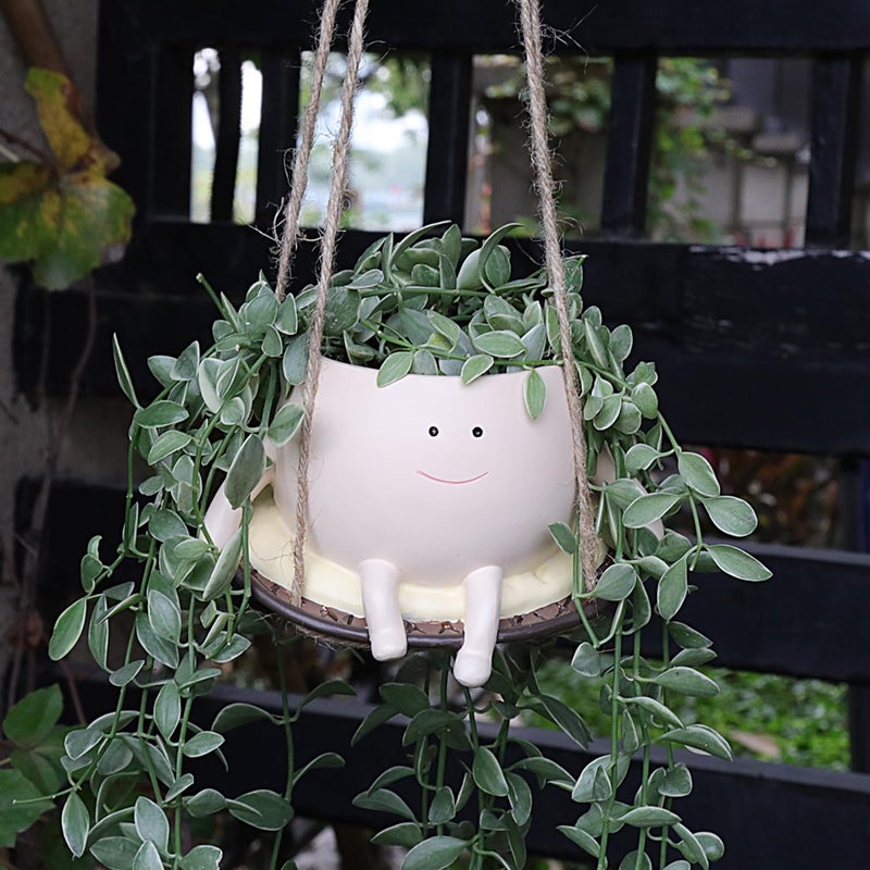 UMESONG Hanging Swing Chair Planter Pot Resin Smiley Face Planter for Indoor Outdoor Plant Cute Head Flower Pots for String of Pearls Plant Live Unique Gift IdeaI for Mother Day, Christmas (Small) - Image 4