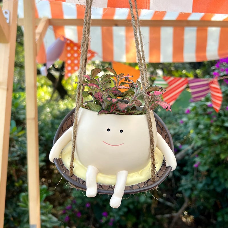 UMESONG Hanging Swing Chair Planter Pot Resin Smiley Face Planter for Indoor Outdoor Plant Cute Head Flower Pots for String of Pearls Plant Live Unique Gift IdeaI for Mother Day, Christmas (Small) - Image 5