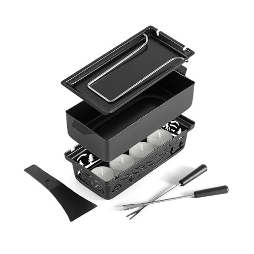 Swissmar Tandem Candle Fondue Raclette Set Portable 2in1 Tabletop Fondue Pot with Raclette Dish Forks Spatula Tealight Candles - Image 1
