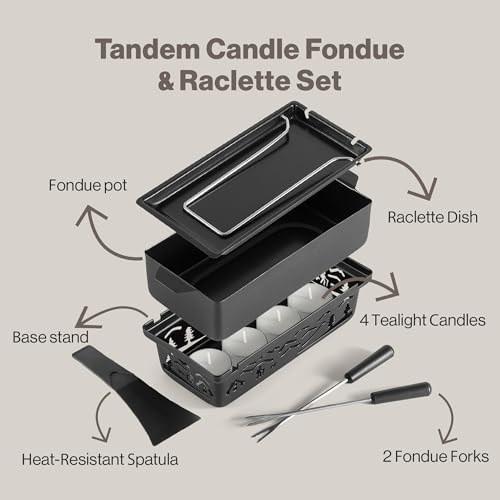 Swissmar Tandem Candle Fondue Raclette Set Portable 2in1 Tabletop Fondue Pot with Raclette Dish Forks Spatula Tealight Candles - Image 3