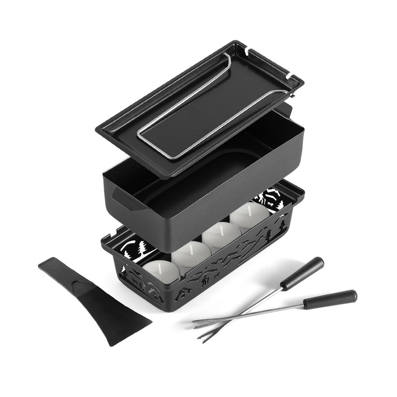 Swissmar Tandem Candle Fondue Raclette Set Portable 2in1 Tabletop Fondue Pot with Raclette Dish Forks Spatula Tealight Candles - Image 2