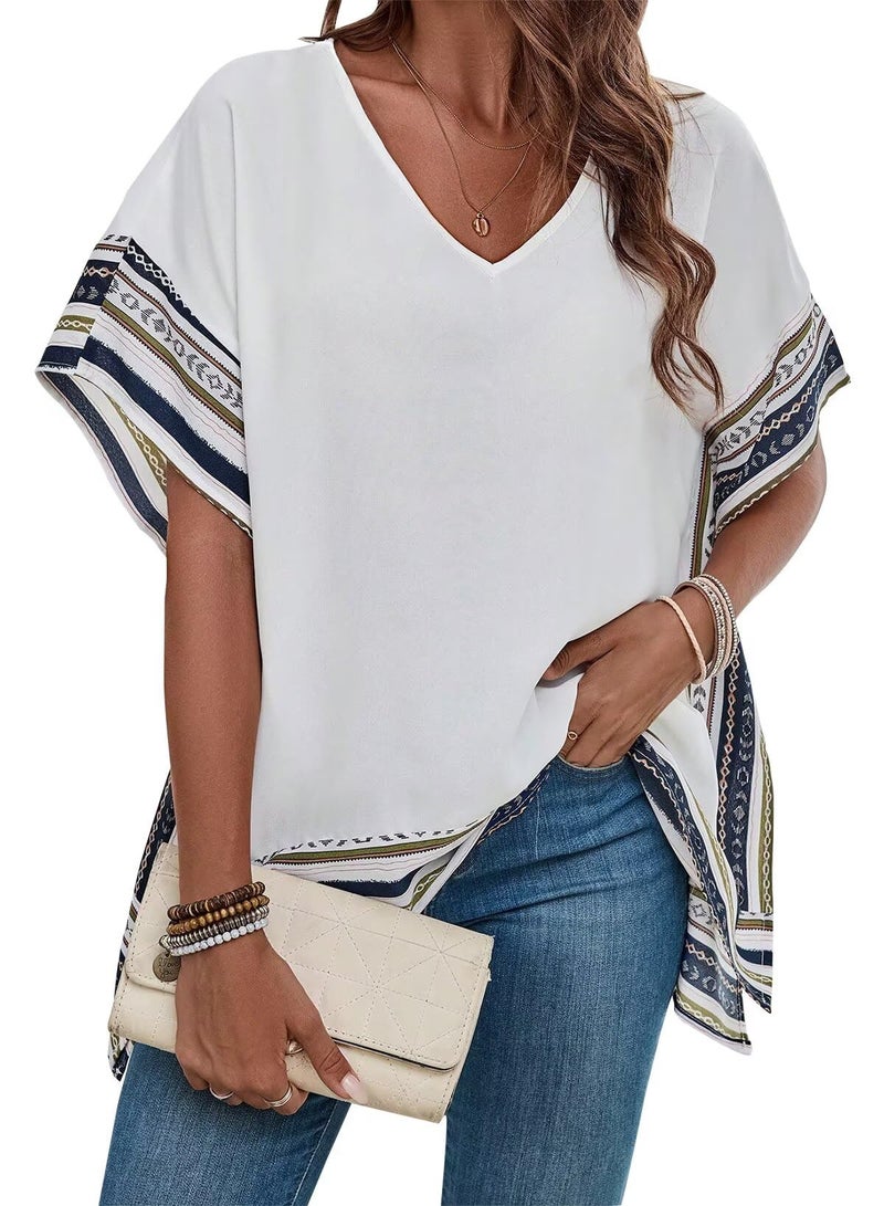 Falechay Side Slit Tees for Women Blouses Dressy Casual Flowy Tops for Women T Shirts Short Sleeves V Neck Boho Tops Summer Fit Blouses Fall Ladies Beach Vacation Cute Tshirts White L - Image 1