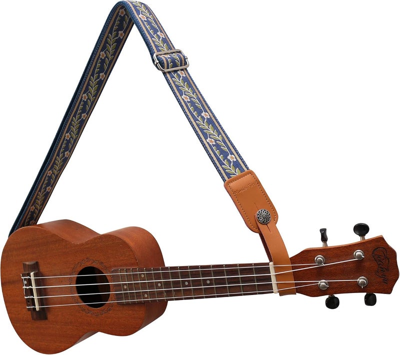 MUSIC FIRST Vintage Blue Jasmine Soft Cotton & Genuine Leather Ukulele Strap - Image 5