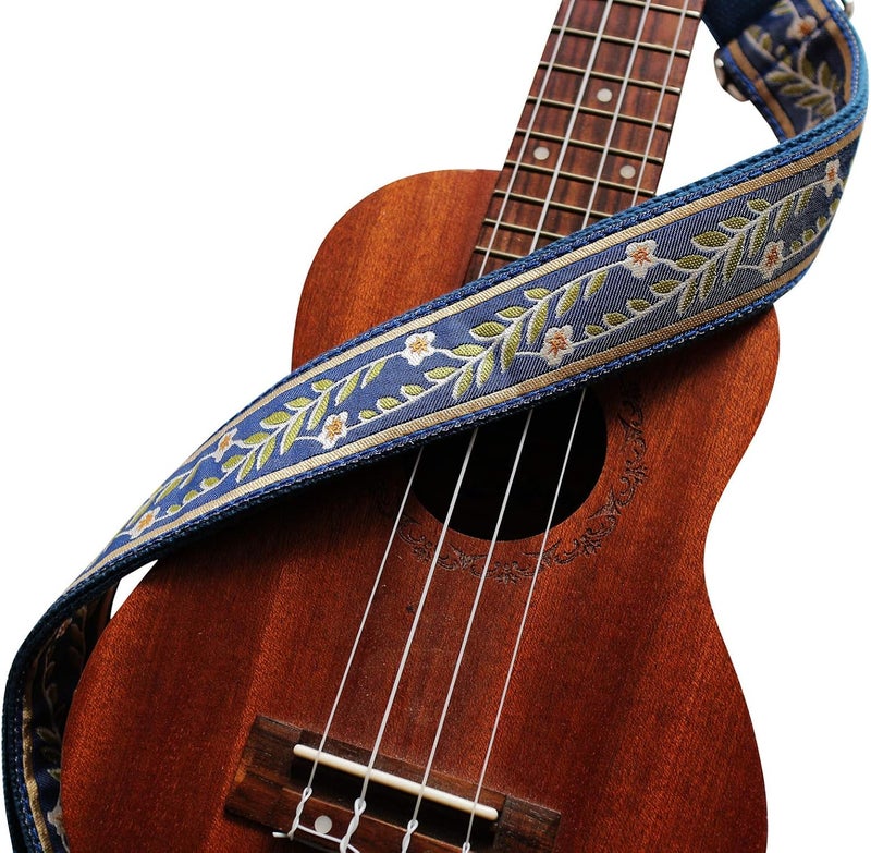 MUSIC FIRST Vintage Blue Jasmine Soft Cotton & Genuine Leather Ukulele Strap - Image 3