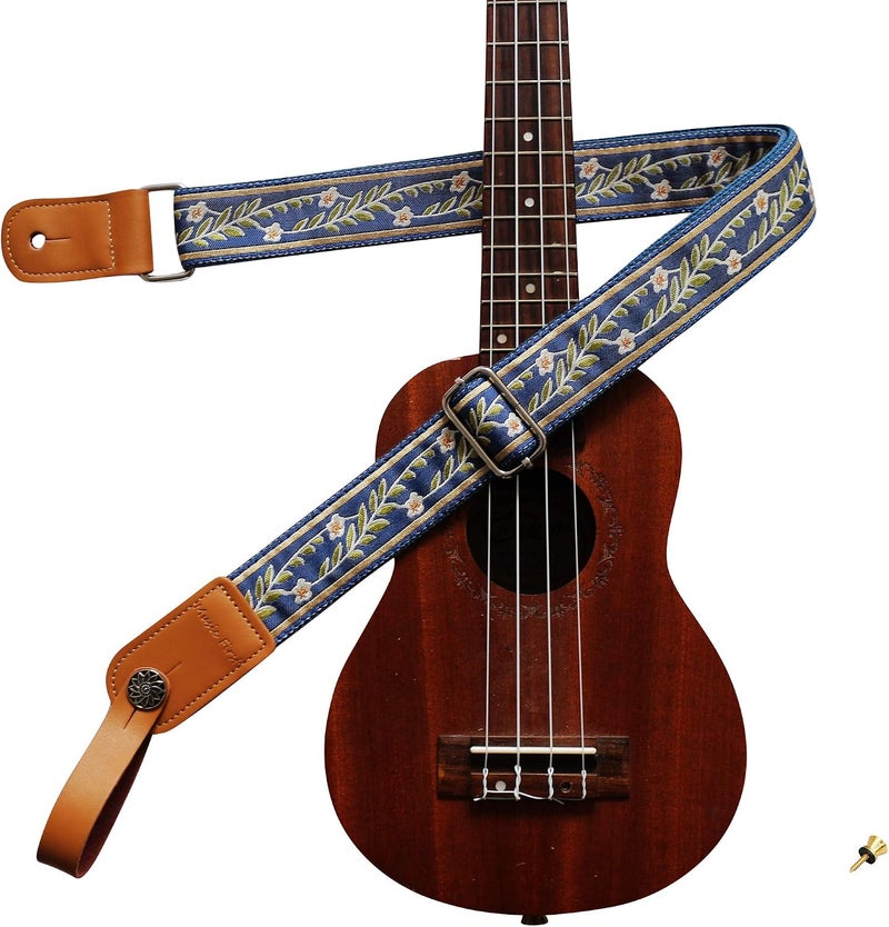 MUSIC FIRST Vintage Blue Jasmine Soft Cotton & Genuine Leather Ukulele Strap - Image 1