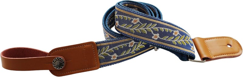 MUSIC FIRST Vintage Blue Jasmine Soft Cotton & Genuine Leather Ukulele Strap - Image 4