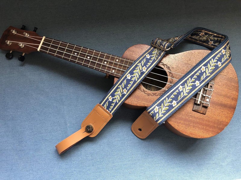 MUSIC FIRST Vintage Blue Jasmine Soft Cotton & Genuine Leather Ukulele Strap - Image 2