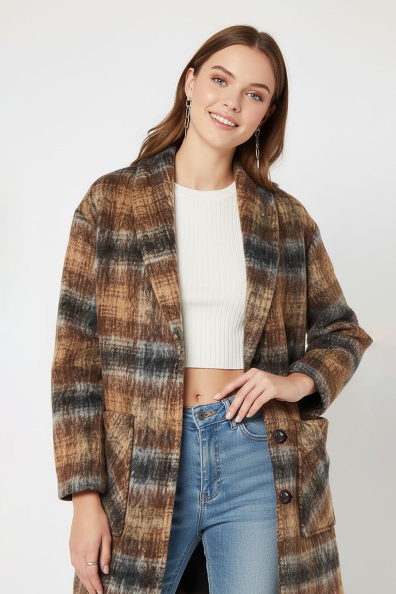 BCBGeneration Women Long Sleeve Plaid Trench Coat Jacket, Multicolor - Image 1