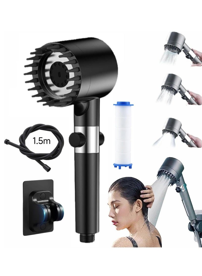 مجموعة رأس دش يدوي مرشح معالج للمياه الصلبة ورأس دش عالي الضغط ومجموعة رأس دش مساج مع 3 إعدادات رش مع خرطوم مضاد للانفجار وحامل (خرطوم 1.5 متر، أسود) - Image 1