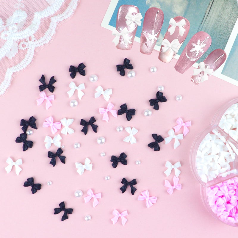 TKYZMS 300Pcs 3D Bow Nail Charms and Flatback Pearls Set,Black White Pink Bowknot,Bow-Knot Nail Stud Rhinestones Crystal,Nail Art Charms,Nail Art Supplies,for Manicure DIY,Nail Art Design,Jewelry Decoration - Image 3