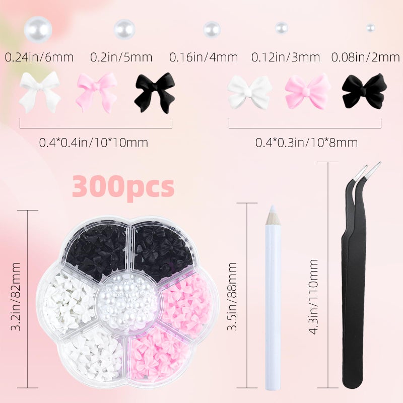 TKYZMS 300Pcs 3D Bow Nail Charms and Flatback Pearls Set,Black White Pink Bowknot,Bow-Knot Nail Stud Rhinestones Crystal,Nail Art Charms,Nail Art Supplies,for Manicure DIY,Nail Art Design,Jewelry Decoration - Image 2