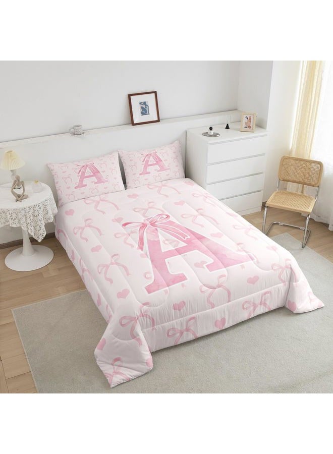 Erosebridal Initial Letter A Comforter Set Twin Size for Women Teen Girls Pink Alphabet Bedding Set Romantic Butterfly Knot Comforter Kawaii Love Hearts Bedroom Decor Warm Bowknot Duvet Quilt - Image 3