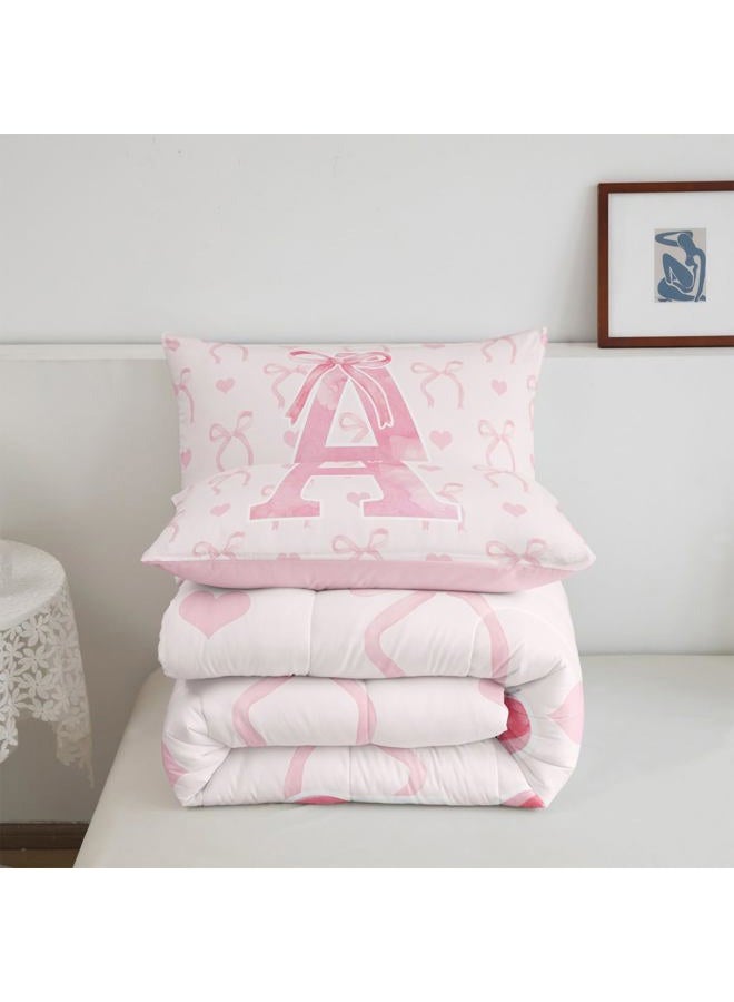 Erosebridal Initial Letter A Comforter Set Twin Size for Women Teen Girls Pink Alphabet Bedding Set Romantic Butterfly Knot Comforter Kawaii Love Hearts Bedroom Decor Warm Bowknot Duvet Quilt - Image 5