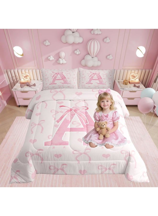 Erosebridal Initial Letter A Comforter Set Twin Size for Women Teen Girls Pink Alphabet Bedding Set Romantic Butterfly Knot Comforter Kawaii Love Hearts Bedroom Decor Warm Bowknot Duvet Quilt - Image 1