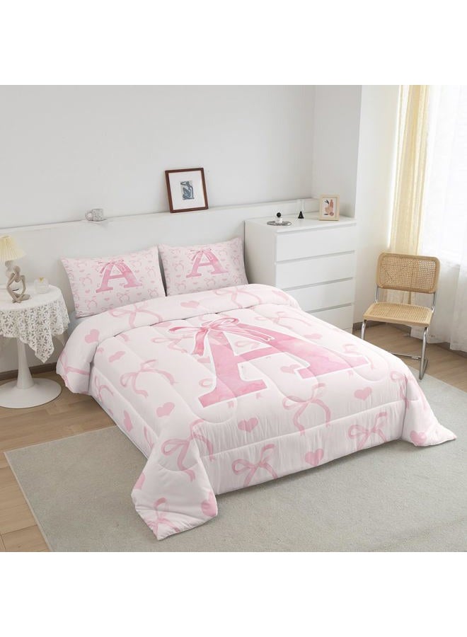 Erosebridal Initial Letter A Comforter Set Twin Size for Women Teen Girls Pink Alphabet Bedding Set Romantic Butterfly Knot Comforter Kawaii Love Hearts Bedroom Decor Warm Bowknot Duvet Quilt - Image 2