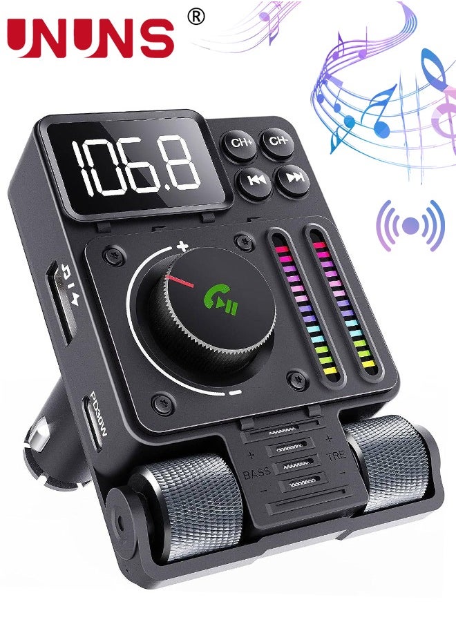 UNUNS - Bluetooth Car FM Transmitter, UNUNS Bluetooth Car Adapter V5.3, PD 30W Type C Fast Charge USB Port, HiFi Treble Bass Player with Color Music Light Bar, for Hands Free Siri Google Assistant - Image 1
