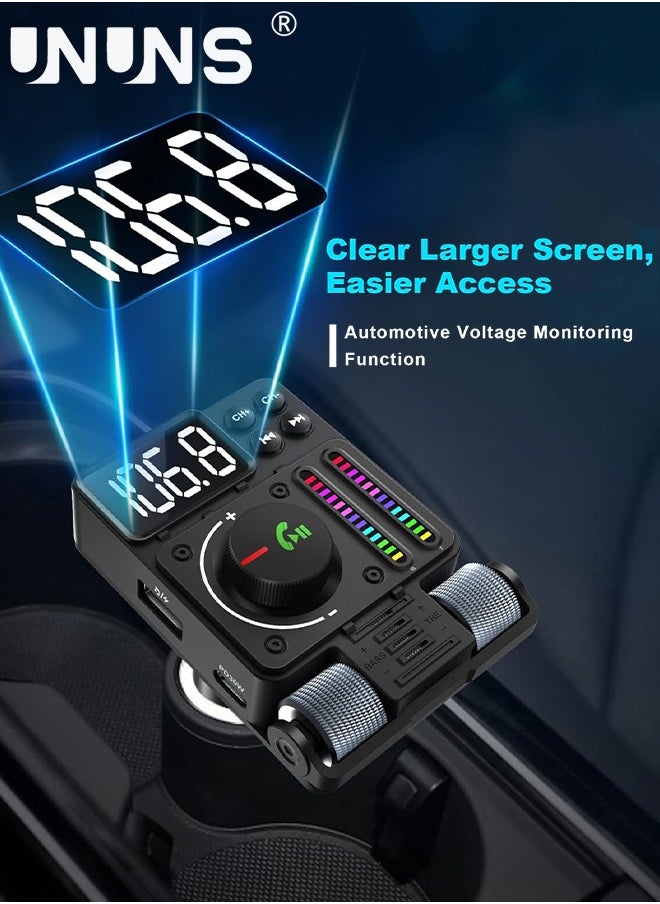 UNUNS - Bluetooth Car FM Transmitter, UNUNS Bluetooth Car Adapter V5.3, PD 30W Type C Fast Charge USB Port, HiFi Treble Bass Player with Color Music Light Bar, for Hands Free Siri Google Assistant - Image 1