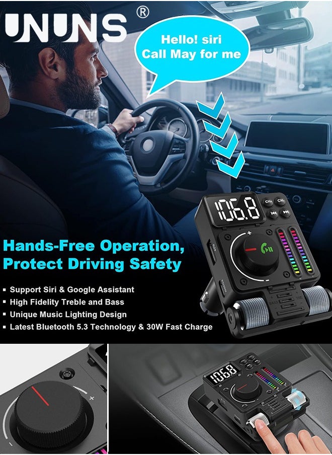 UNUNS - Bluetooth Car FM Transmitter, UNUNS Bluetooth Car Adapter V5.3, PD 30W Type C Fast Charge USB Port, HiFi Treble Bass Player with Color Music Light Bar, for Hands Free Siri Google Assistant - Image 1