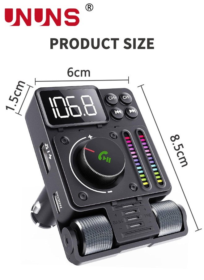UNUNS - Bluetooth Car FM Transmitter, UNUNS Bluetooth Car Adapter V5.3, PD 30W Type C Fast Charge USB Port, HiFi Treble Bass Player with Color Music Light Bar, for Hands Free Siri Google Assistant - Image 1