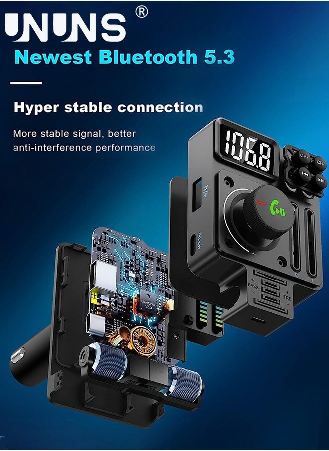 UNUNS - Bluetooth Car FM Transmitter, UNUNS Bluetooth Car Adapter V5.3, PD 30W Type C Fast Charge USB Port, HiFi Treble Bass Player with Color Music Light Bar, for Hands Free Siri Google Assistant - Image 1