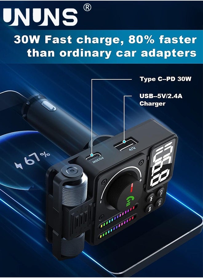 UNUNS - Bluetooth Car FM Transmitter, UNUNS Bluetooth Car Adapter V5.3, PD 30W Type C Fast Charge USB Port, HiFi Treble Bass Player with Color Music Light Bar, for Hands Free Siri Google Assistant - Image 1
