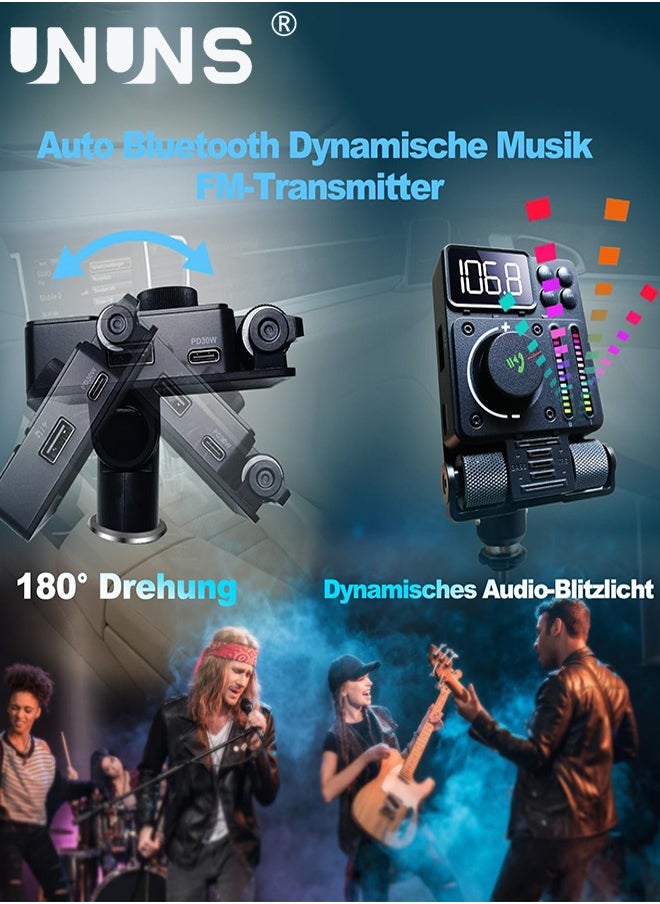 UNUNS - Bluetooth Car FM Transmitter, UNUNS Bluetooth Car Adapter V5.3, PD 30W Type C Fast Charge USB Port, HiFi Treble Bass Player with Color Music Light Bar, for Hands Free Siri Google Assistant - Image 1