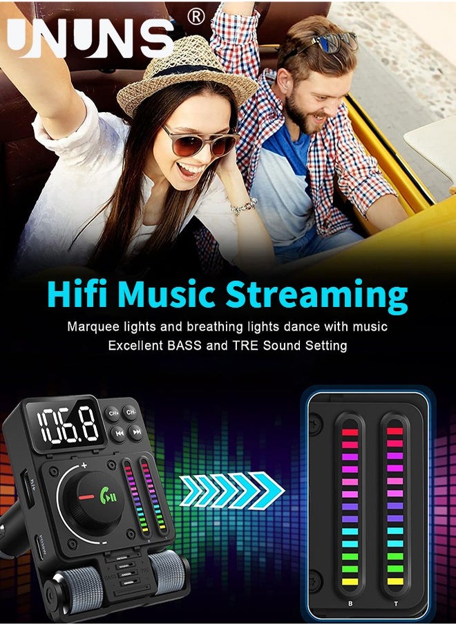 UNUNS - Bluetooth Car FM Transmitter, UNUNS Bluetooth Car Adapter V5.3, PD 30W Type C Fast Charge USB Port, HiFi Treble Bass Player with Color Music Light Bar, for Hands Free Siri Google Assistant - Image 1