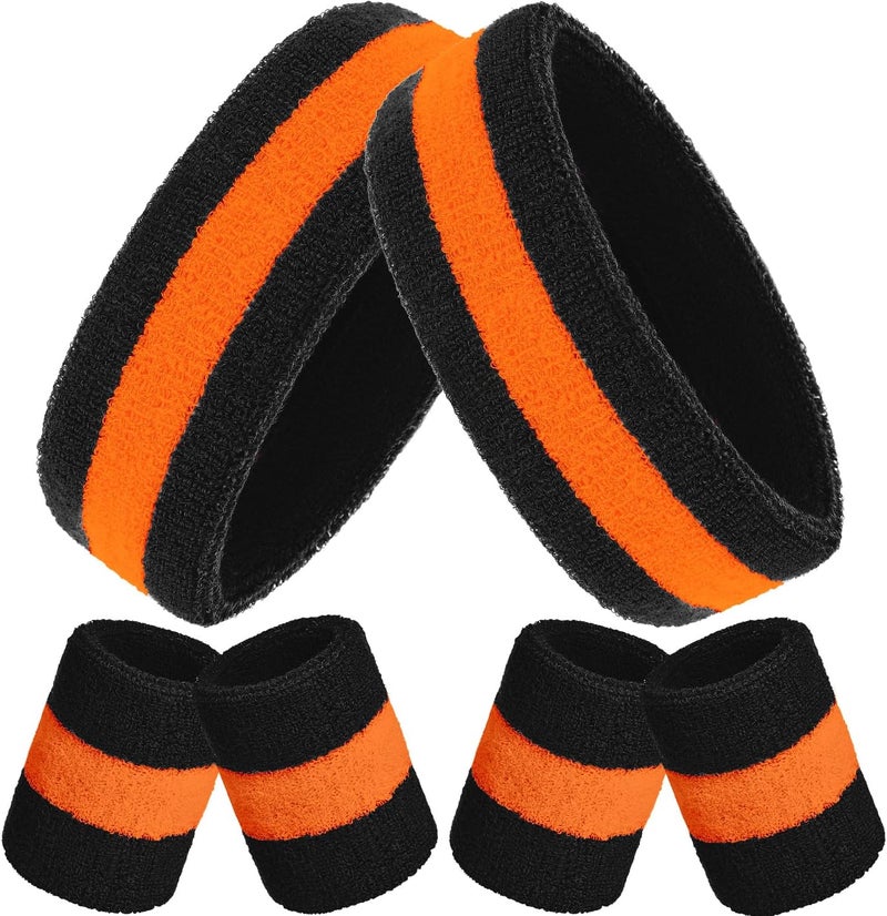 Bememo 6 Pcs Neon Sweatbands Set for Men Women 80s Tennis Striped Headband Sports Wristband Set Costumes Glow Cosplay Party - Image 1
