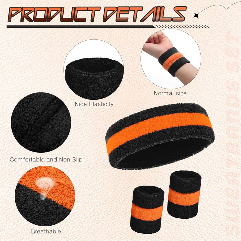 Bememo 6 Pcs Neon Sweatbands Set for Men Women 80s Tennis Striped Headband Sports Wristband Set Costumes Glow Cosplay Party - Image 5