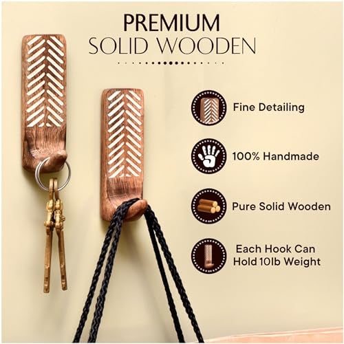 Indian-Shelf IndianShelf Boho Decorative Wood Adhesive Wall Hooks for Hanging Coats, Keys, Leash, Hat, Towel Holder, Cute Sticky Key Holder, Brown and White Western Wall Décor (3 Hooks 6 Strips) - Image 5