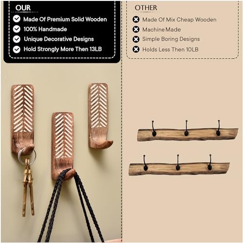 Indian-Shelf IndianShelf Boho Decorative Wood Adhesive Wall Hooks for Hanging Coats, Keys, Leash, Hat, Towel Holder, Cute Sticky Key Holder, Brown and White Western Wall Décor (3 Hooks 6 Strips) - Image 4
