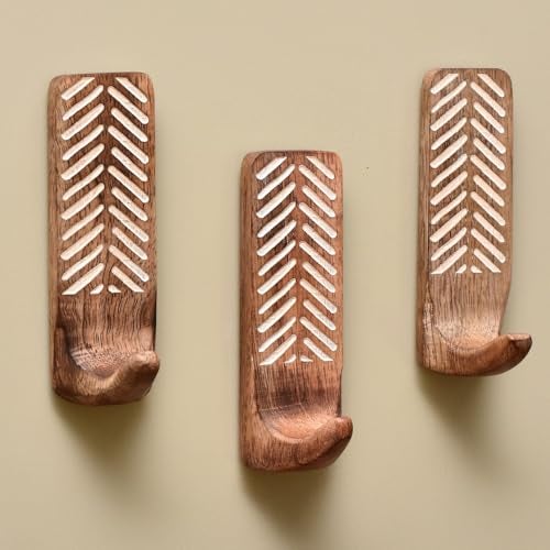 Indian-Shelf IndianShelf Boho Decorative Wood Adhesive Wall Hooks for Hanging Coats, Keys, Leash, Hat, Towel Holder, Cute Sticky Key Holder, Brown and White Western Wall Décor (3 Hooks 6 Strips) - Image 1