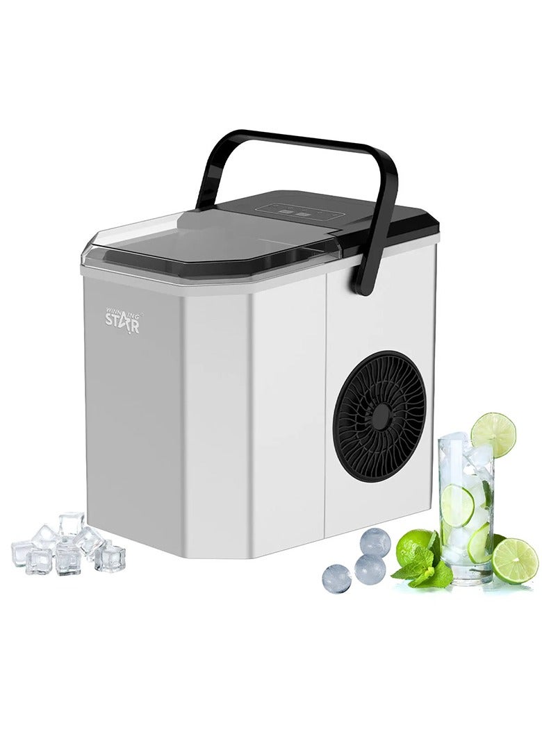 Winning Star Countertop Ice Maker with Handle, Portable Small Ice Machine, 9 Cubes in 6 Mins, 12Kg/24H, Self-Cleaning Ice Maker, with Scoop and Basket for Home Kitchen Office Party ST-9500 Silver - Image 1