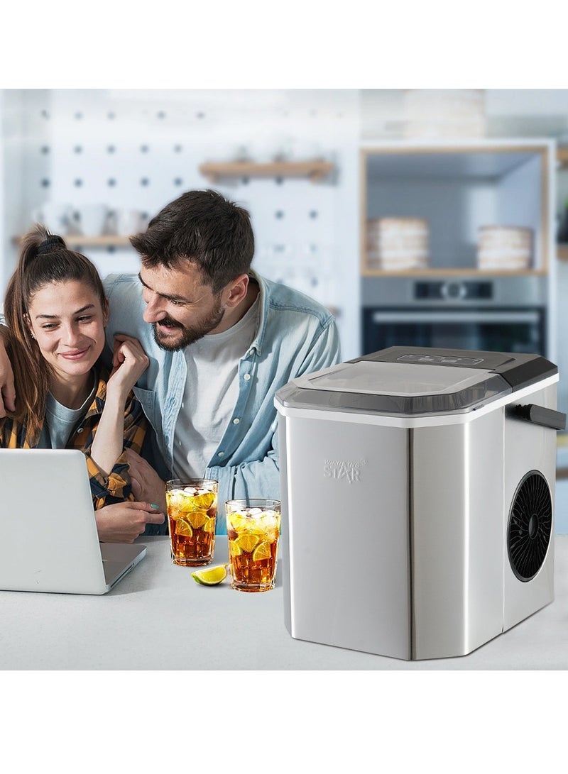 Winning Star Countertop Ice Maker with Handle, Portable Small Ice Machine, 9 Cubes in 6 Mins, 12Kg/24H, Self-Cleaning Ice Maker, with Scoop and Basket for Home Kitchen Office Party ST-9500 Silver - Image 2
