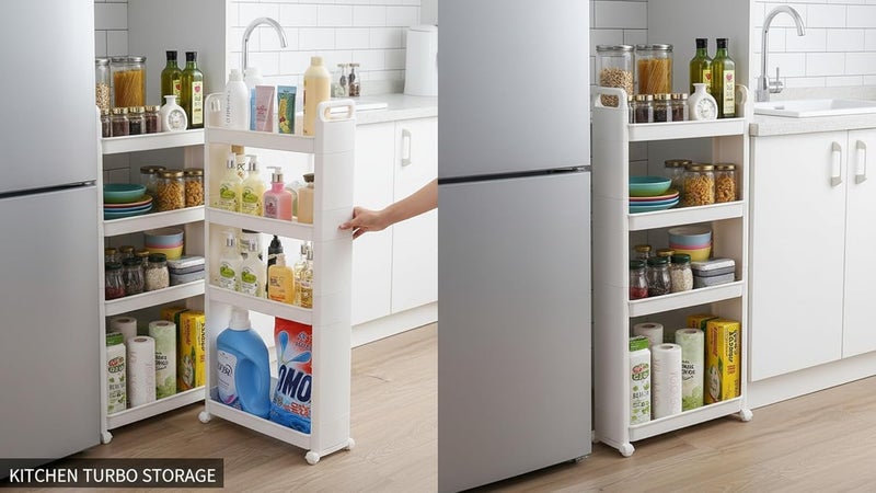 4 - Shelf Turbo Organizer for Kitchen and Bathroom, White and Beige Plastic, Space Saving Vertical Shelves to Organize and Store Kitchen and Bathroom Supplies, Portable Organizer with Wheels - Image 4