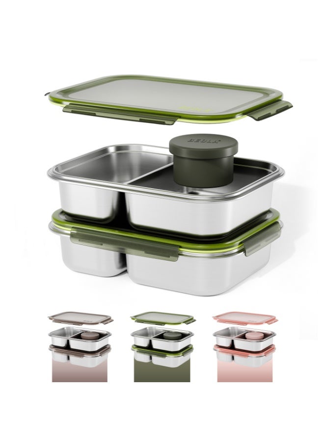 بيولا BEOLA علبة غداء من الفولاذ المقاوم للصدأ، علبة بنتو بمقصورتين، خالية من مادة BPA مع غطاء، حاوية وجبات مانعة للتسرب، مثالية كعلبة وجبات خفيفة (مجموعة من 2، أخضر غامق غابي) - Image 1