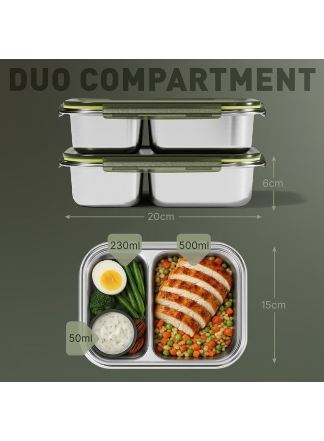 بيولا BEOLA علبة غداء من الفولاذ المقاوم للصدأ، علبة بنتو بمقصورتين، خالية من مادة BPA مع غطاء، حاوية وجبات مانعة للتسرب، مثالية كعلبة وجبات خفيفة (مجموعة من 2، أخضر غامق غابي) - Image 2