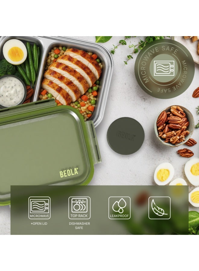 بيولا BEOLA علبة غداء من الفولاذ المقاوم للصدأ، علبة بنتو بمقصورتين، خالية من مادة BPA مع غطاء، حاوية وجبات مانعة للتسرب، مثالية كعلبة وجبات خفيفة (مجموعة من 2، أخضر غامق غابي) - Image 3