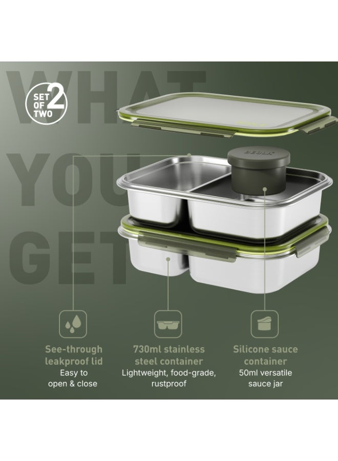 بيولا BEOLA علبة غداء من الفولاذ المقاوم للصدأ، علبة بنتو بمقصورتين، خالية من مادة BPA مع غطاء، حاوية وجبات مانعة للتسرب، مثالية كعلبة وجبات خفيفة (مجموعة من 2، أخضر غامق غابي) - Image 4