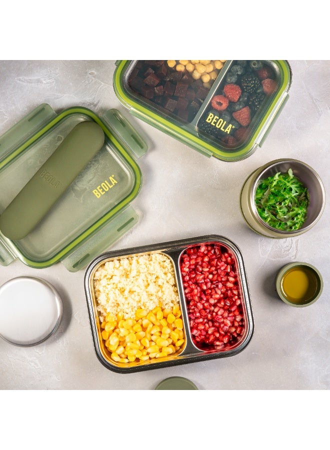 بيولا BEOLA علبة غداء من الفولاذ المقاوم للصدأ، علبة بنتو بمقصورتين، خالية من مادة BPA مع غطاء، حاوية وجبات مانعة للتسرب، مثالية كعلبة وجبات خفيفة (مجموعة من 2، أخضر غامق غابي) - Image 5