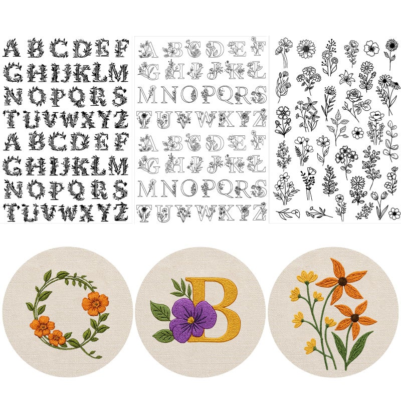 VISSTREE Flower Water Soluble Embroidery Patterns, 3 Sheets 140 Pcs Stick and Stitch Embroidery Papers Wash Away, Pre-Printed Floral Alphabet Pattern Transfers, DIY Gift for Hand Sewing Lover Beginners - Image 1
