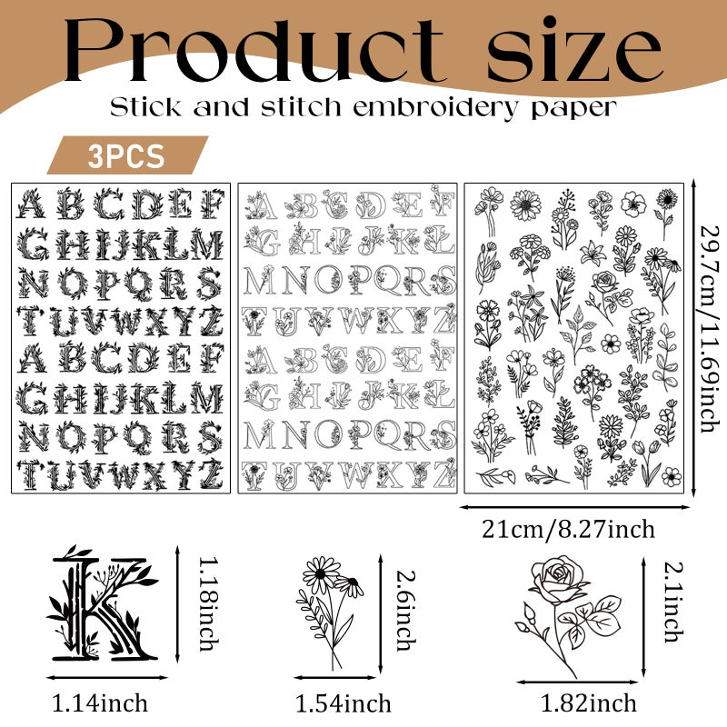 VISSTREE Flower Water Soluble Embroidery Patterns, 3 Sheets 140 Pcs Stick and Stitch Embroidery Papers Wash Away, Pre-Printed Floral Alphabet Pattern Transfers, DIY Gift for Hand Sewing Lover Beginners - Image 2