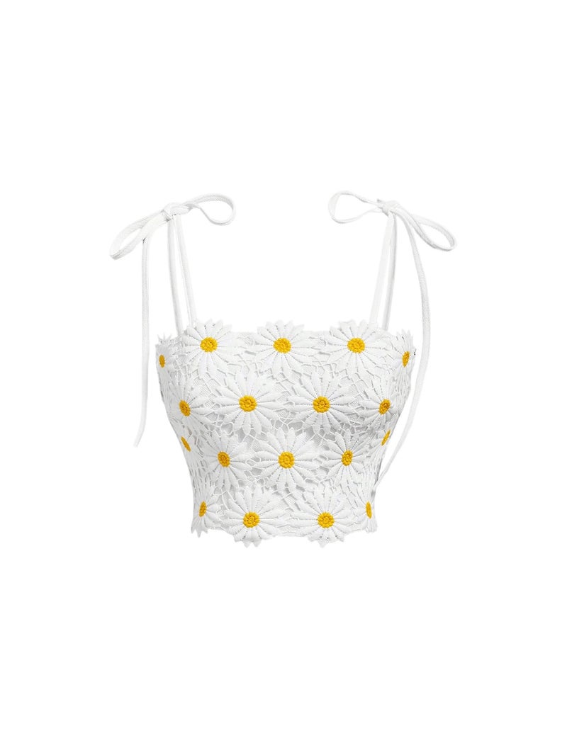WDIRARA Women's Boho Daisy Floral Guipure Crop Top 3D Flower Tie Shoulder Square Neck Cute Cami Top White Large - Image 1