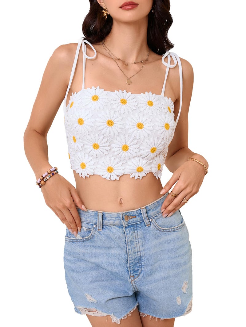 WDIRARA Women's Boho Daisy Floral Guipure Crop Top 3D Flower Tie Shoulder Square Neck Cute Cami Top White Large - Image 2