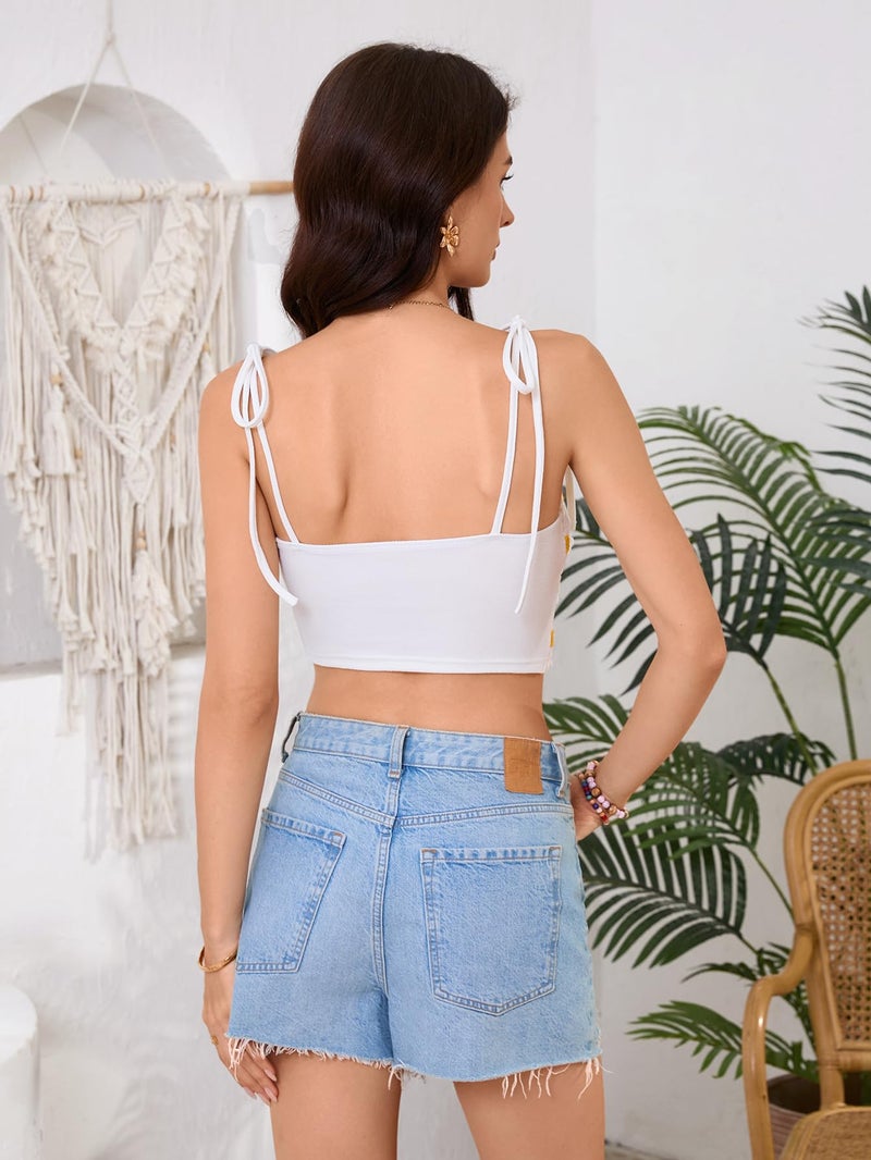 WDIRARA Women's Boho Daisy Floral Guipure Crop Top 3D Flower Tie Shoulder Square Neck Cute Cami Top White Large - Image 3