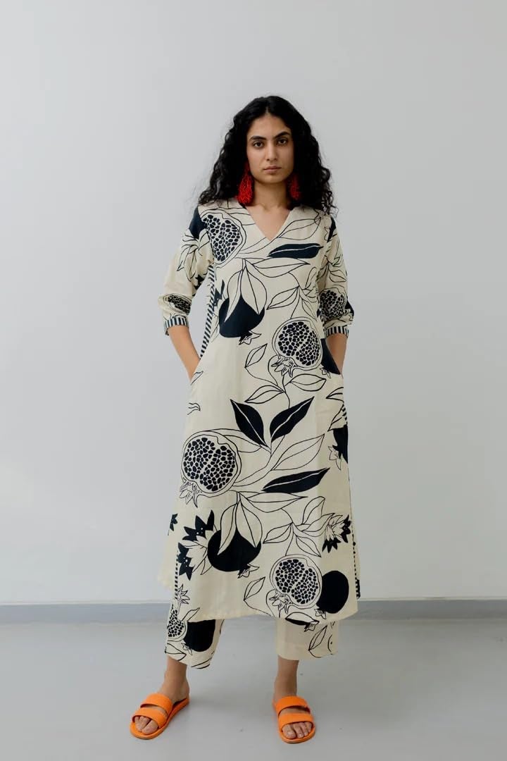 LookMark Women's Floral Printed Cotton Blend 3/4th Sleeve Knee Length V-Neck Kurta and Palazzo Set for Women_AZ-LM-OG-KS2325 Cream-L - Image 2