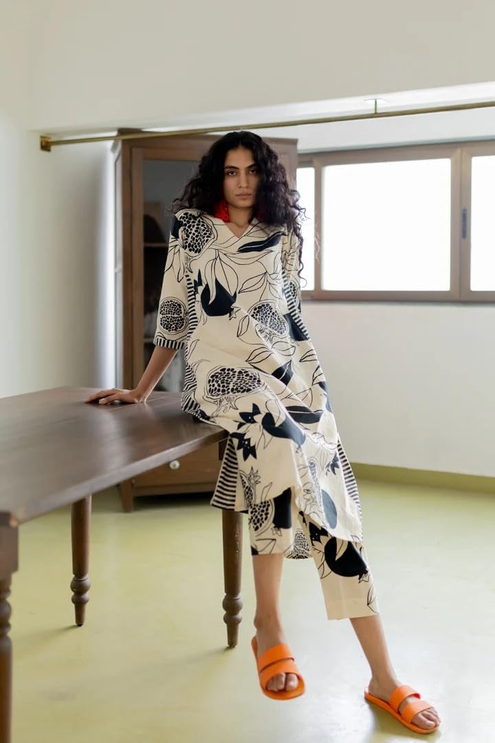 LookMark Women's Floral Printed Cotton Blend 3/4th Sleeve Knee Length V-Neck Kurta and Palazzo Set for Women_AZ-LM-OG-KS2325 Cream-L - Image 4