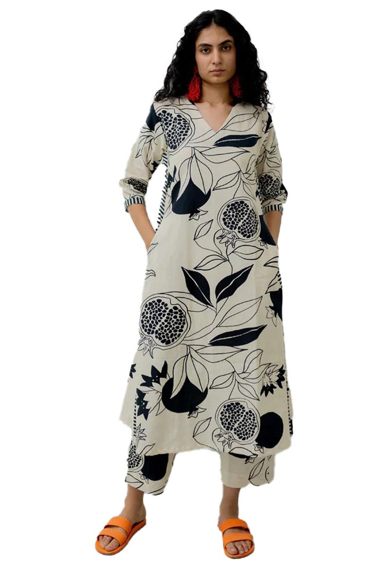 LookMark Women's Floral Printed Cotton Blend 3/4th Sleeve Knee Length V-Neck Kurta and Palazzo Set for Women_AZ-LM-OG-KS2325 Cream-L - Image 1