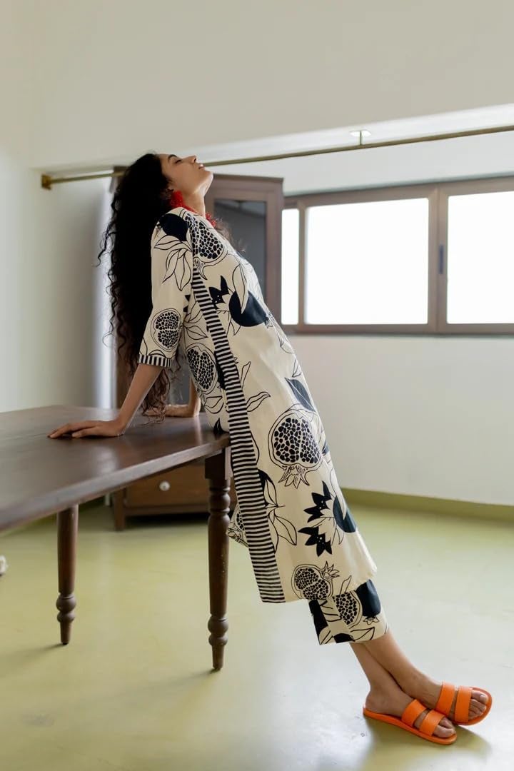 LookMark Women's Floral Printed Cotton Blend 3/4th Sleeve Knee Length V-Neck Kurta and Palazzo Set for Women_AZ-LM-OG-KS2325 Cream-L - Image 5